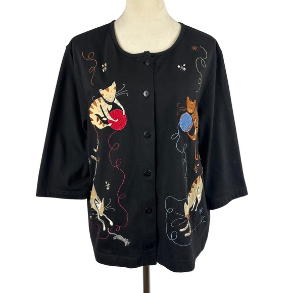 Onque Casuals Cat Embroidered Button Down Cardigan Black Novelty Womens XL - Picture 1 of 9